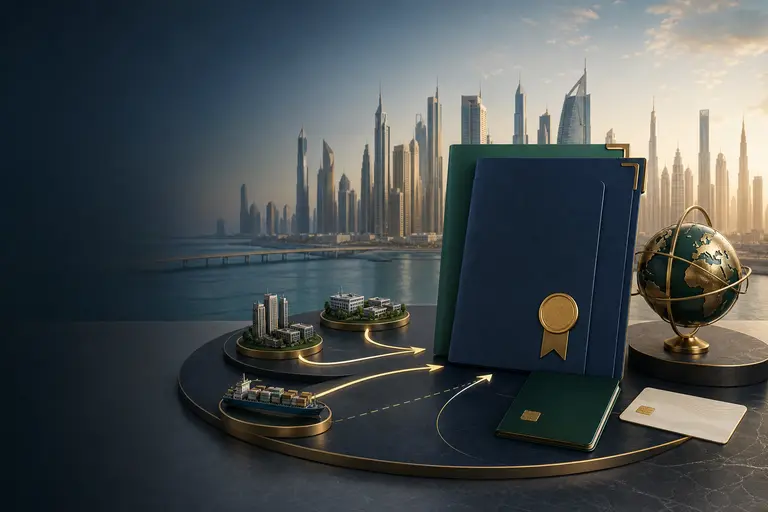 Illustration of a Dubai company formation journey with licence folders, international trade routes and the Dubai skyline
